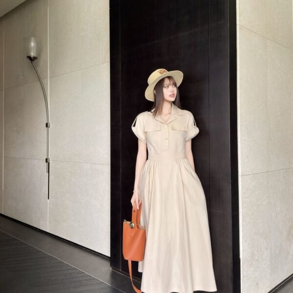 Minimalist Safari-Style Pleated Midi Dress