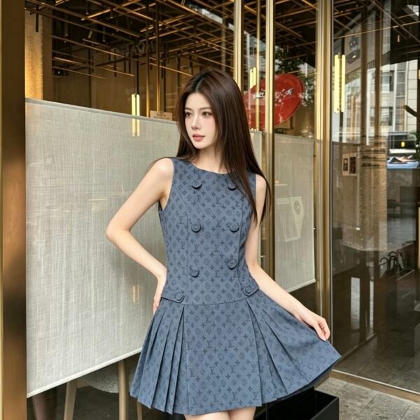 LV Monogram Jacquard Sleeveless Pleated Mini Dress