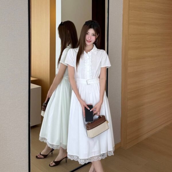Dior White Cotton Ruffle-Front A-Line Midi Shirt Dress