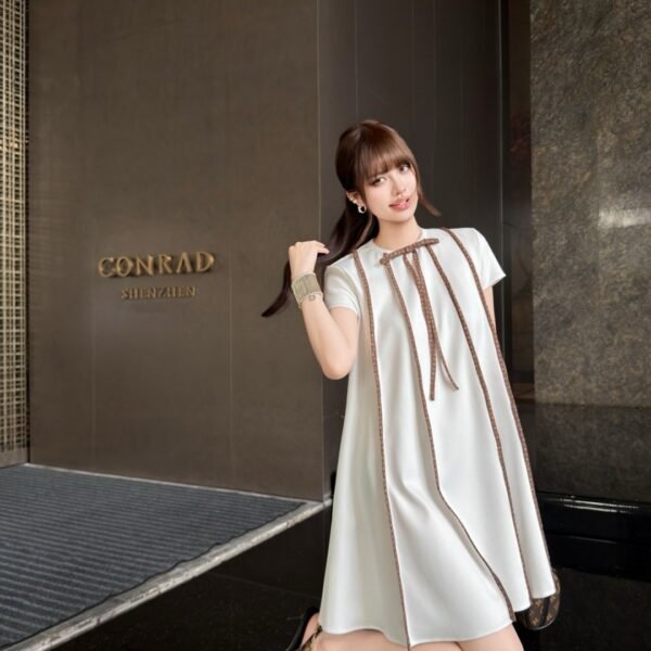 Louis Vuitton White Monogram-Trim Short Sleeve A-Line Mini Dress