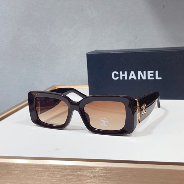 Chanel Oversized Square Sunglasses Brown Frame Gradient Lens Gold CC Detail
