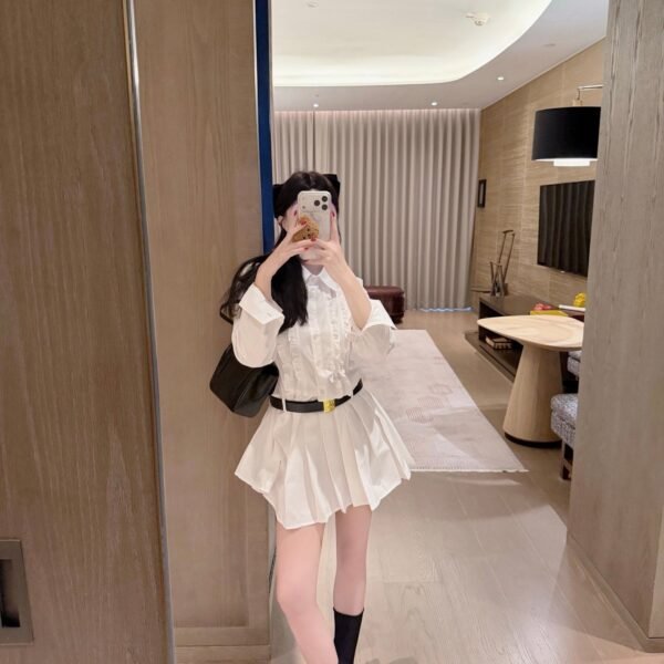 Miu Miu White Pleated Shirt Mini Dress with Belt