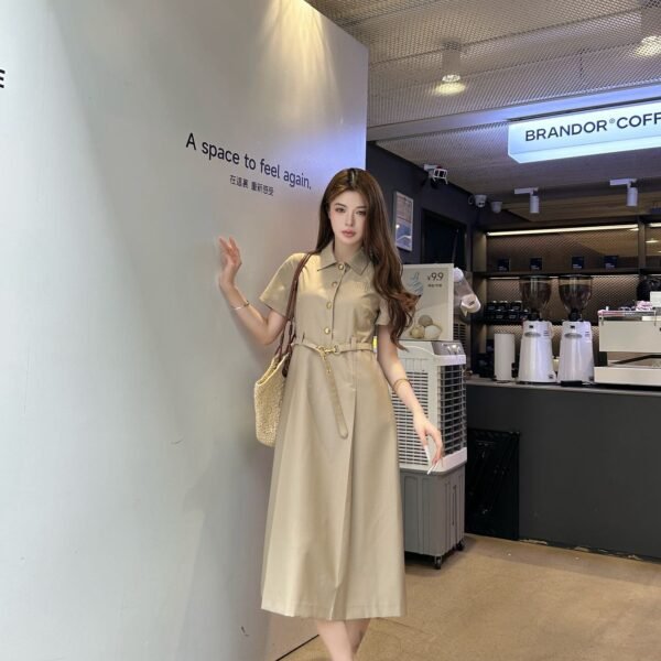 Beige Belted Short Sleeve Shirt Midi Dress