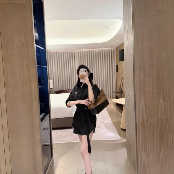 Burberry Black Ruffle Belted Shirt Mini Dress