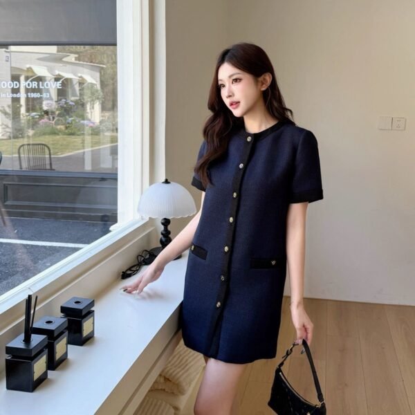 Navy Short Sleeve Button-Front Mini Dress