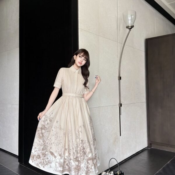 Dior Striped Floral Print Belted Shirt Maxi Dress