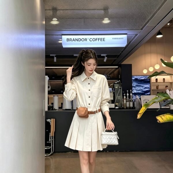 Beige Belted Long Sleeve Midi Shirt Dress
