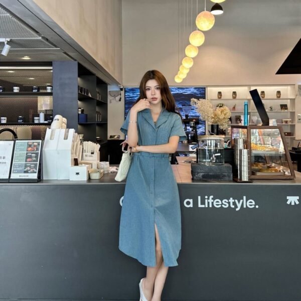 Blue Cotton Short Sleeve Midi Shirt Dress