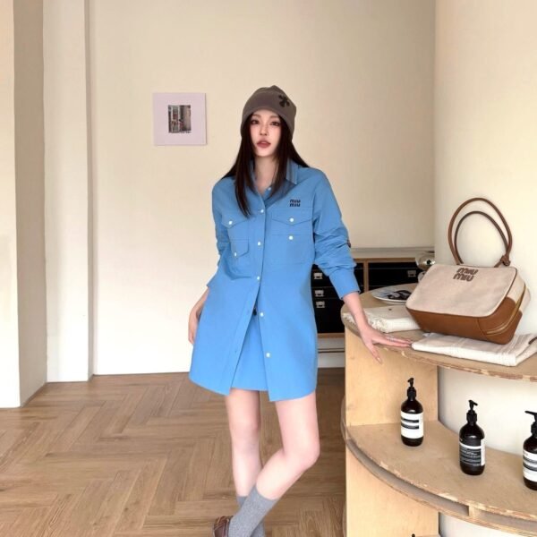 Miu Miu Blue Long Sleeve Mini Shirt Dress