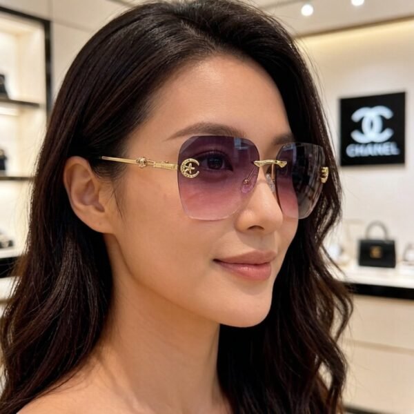 Chanel Rimless Geometric Sunglasses Gold Frame Gradient Purple Lens