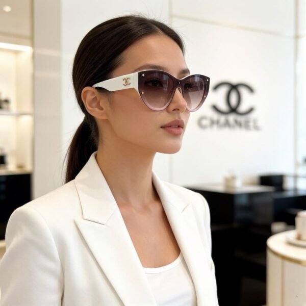 Chanel Cat Eye Sunglasses White Frame Brown Gradient Lens CC Logo Detail