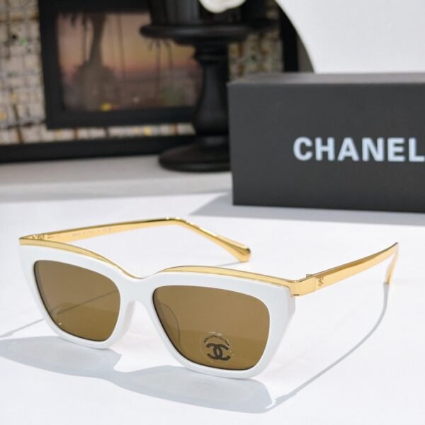 Chanel Cat Eye Sunglasses White Frame Gold Temple Design