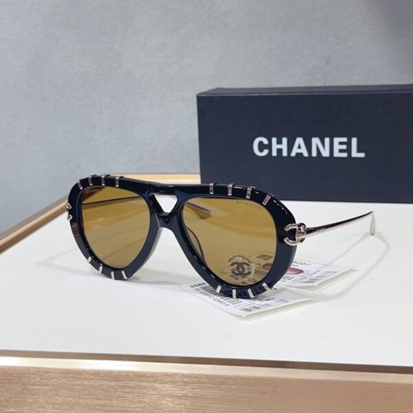 Chanel Square Sunglasses Black Frame Yellow Lens CC Detail
