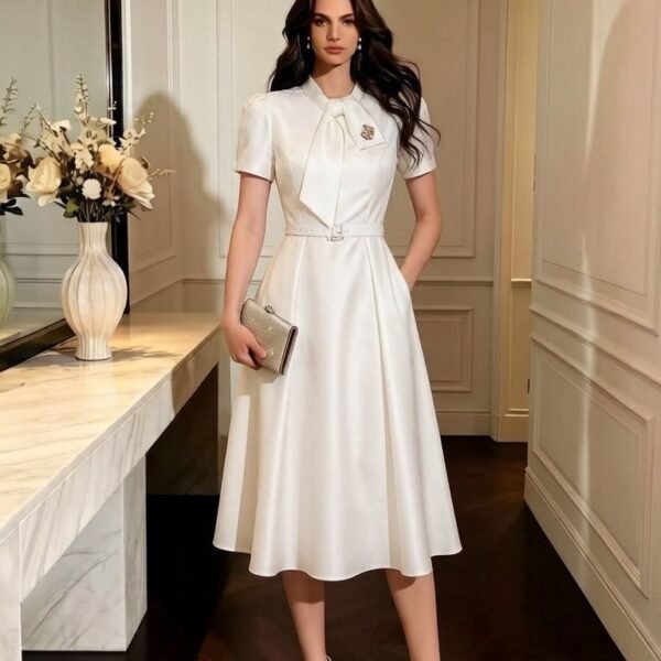 Beige Tie-Neck Short Sleeve A-Line Midi Dress