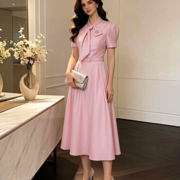 Tie-Neck Short Sleeve A-Line Midi Dress