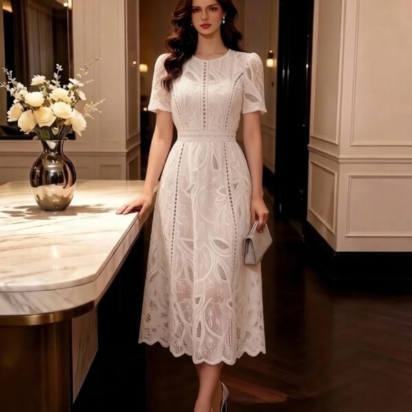 White Embroidered Short Sleeve A-Line Midi Dress
