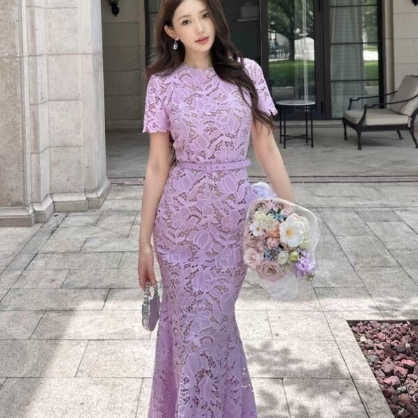 Purple Lace Short Sleeve Mermaid Maxi Dress