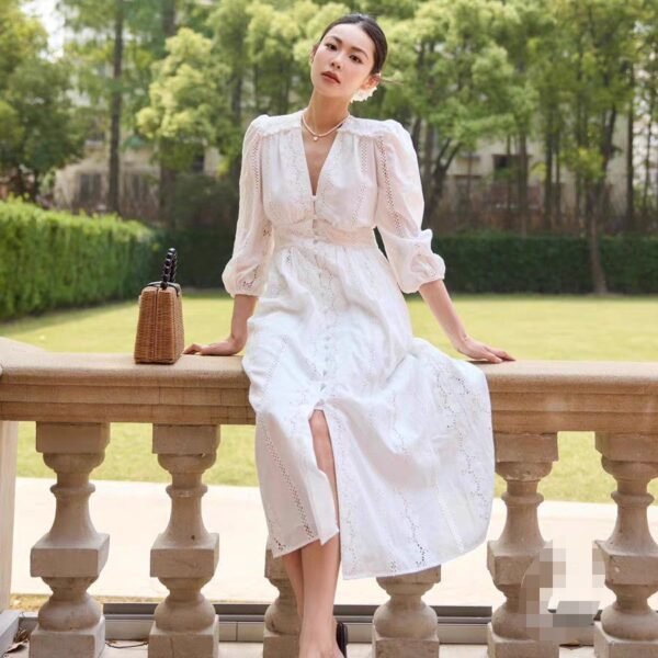 White Embroidered Cotton V-Neck Midi Dress