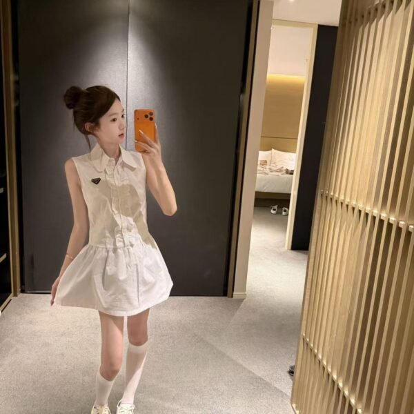 Prada White Ruffle Sleeveless Mini Shirt Dress