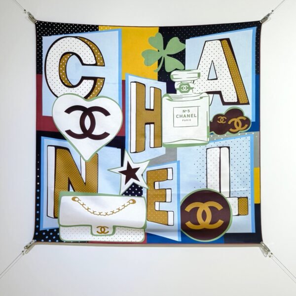 Chanel Graphic / Lettering Silk Twill Square Scarf 90