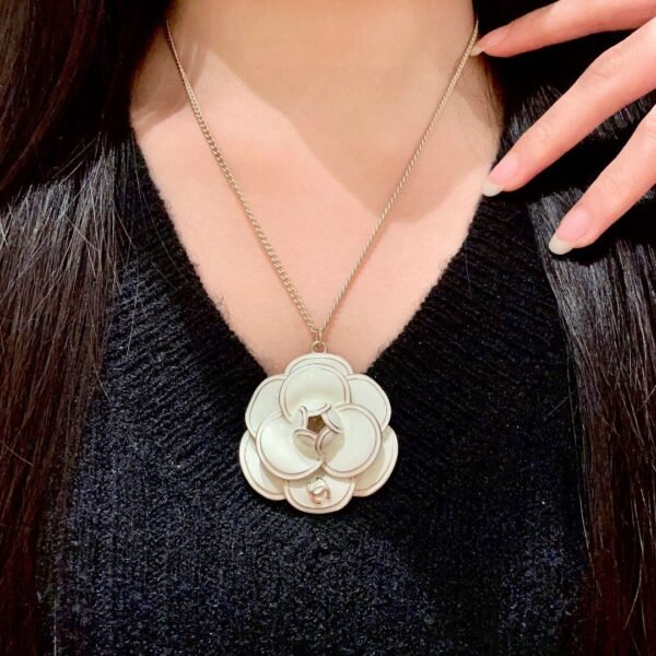 Chanel White Camellia CC Pendant Necklace