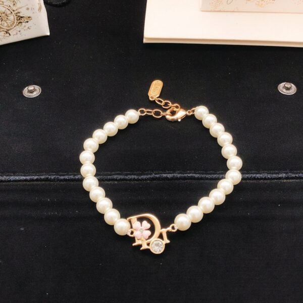 Dior Rose Gold Pink Flower CD Faux Pearl Bracelet
