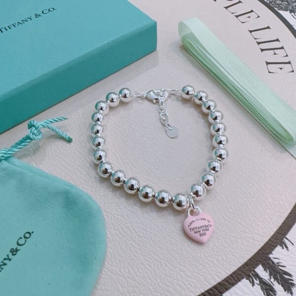 Tiffany & Co. Silver Beaded Pink Heart Tag Charm Bracelet