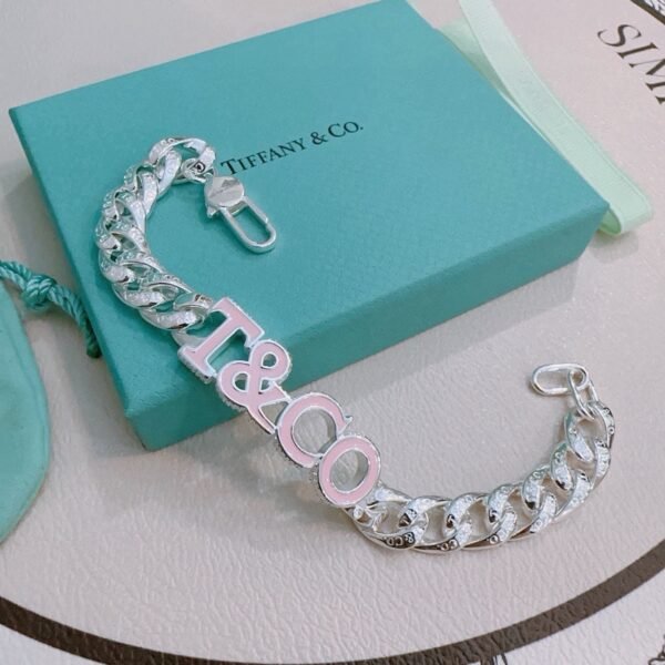 Tiffany & Co. Silver Pink T&CO Logo Curb Chain Bracelet
