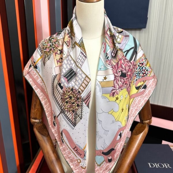 Dior Silk Christian Illustrated Print 90 cm Square Scarf