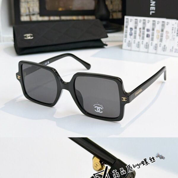 Chanel Square Sunglasses Black Frame Gold Logo Detail