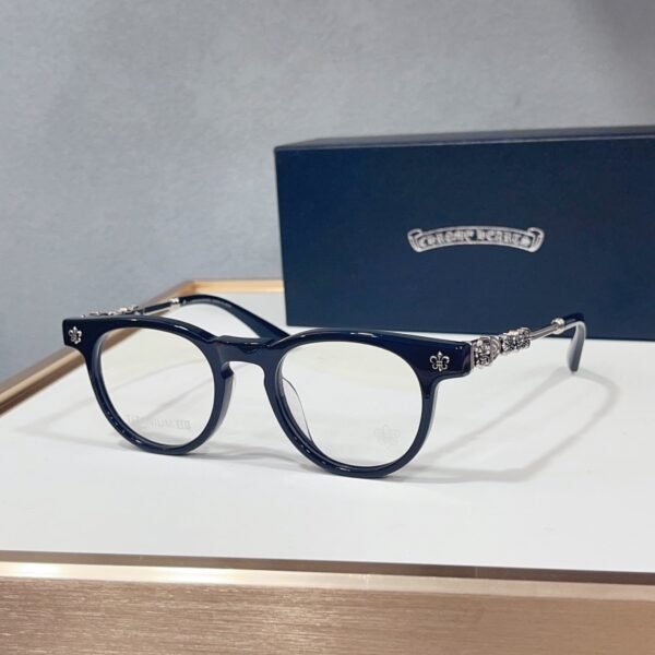Classic Round Eyeglasses Navy Frame Silver Cross Detail